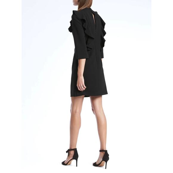 Banana Republic Black Ruffle Frill Mock Neck 3/4 Sleeve Mini Shift Dress Size 2 - Picture 2 of 8